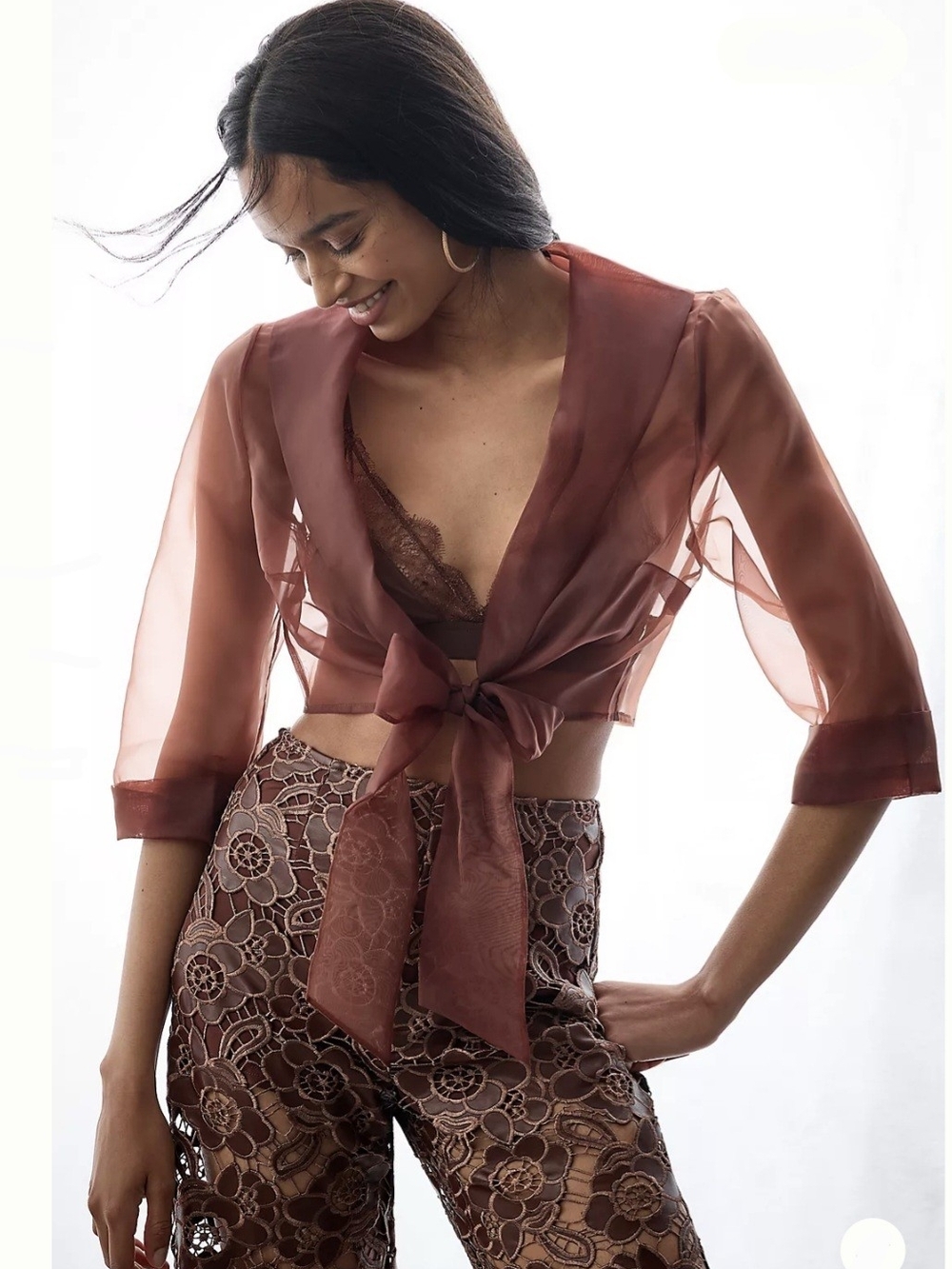 Anthropologie Sheer Tie-Front Blouse in Rust